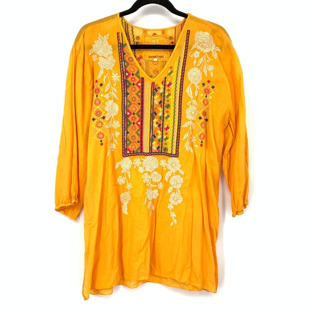 Johnny Was 3J Workshop Womens Embroidered Tunic Top Sz XL Golden Yellow Floral